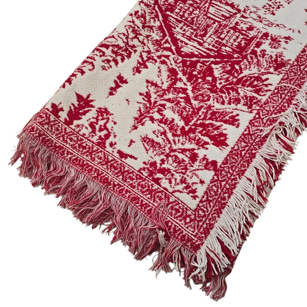 Brooks Brothers White Red Chenille Cabin Trees Throw Blanket 50